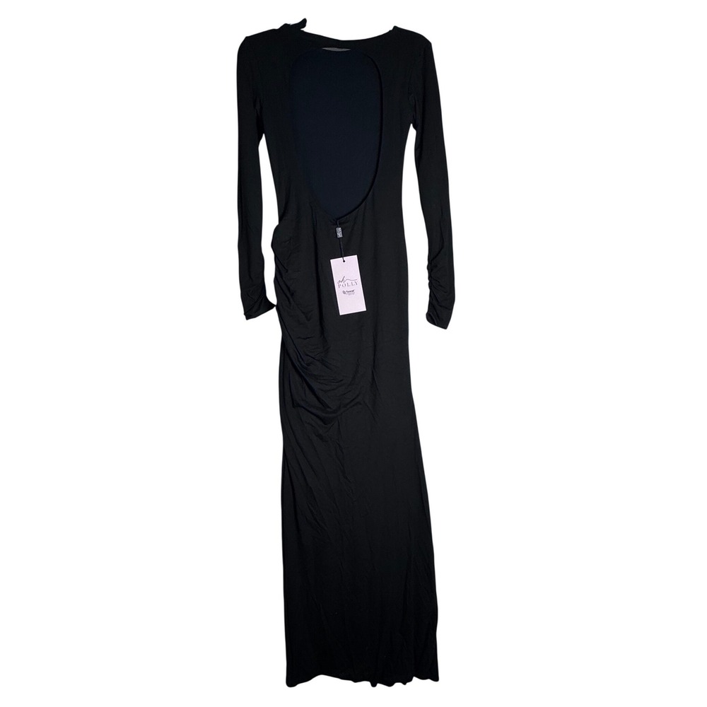 Oh Polly Black Long Sleeve Open Back Maxi Dress Ruched Modal Formal Size M NWT - Picture 5 of 10